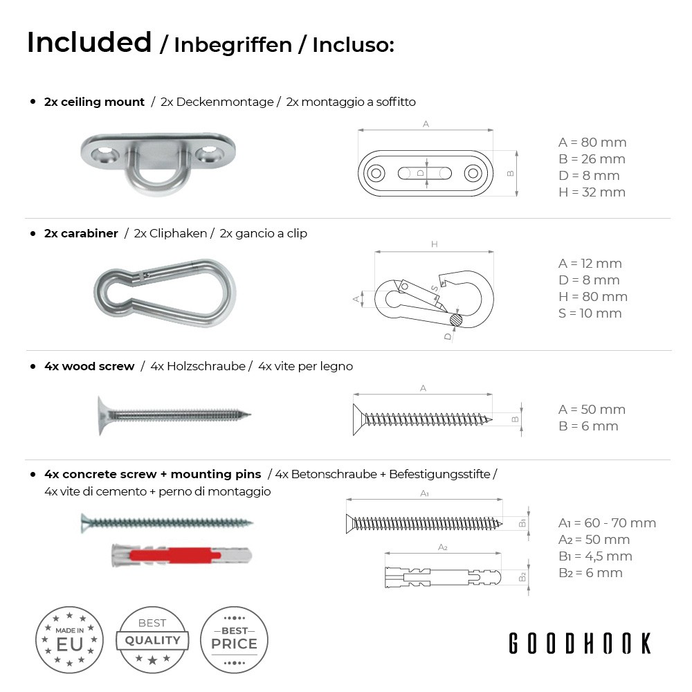 MAMOI® Deckenhaken schwerlast, Karabiner für schaukel, Schaukelhaken  betondecke, Schwerlasthaken decke und holz, Deckenhacken für hängesessel,  Hängematten aufhängung zubehör, Haken befestigung 