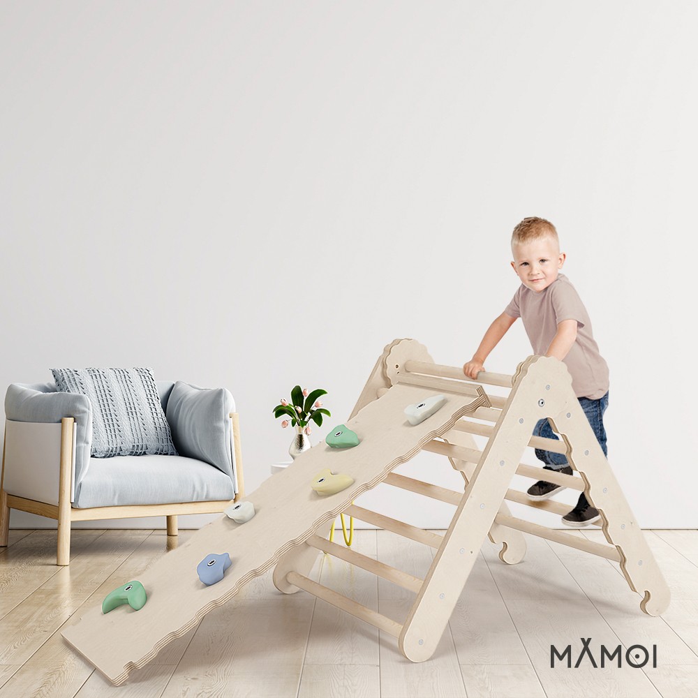 MAMOI® Set : Triangle, arche escalade et toboggan pour enfant, Structure  motricité interieur pour bébé, Mur descalade et tobogan intérieur en bois  pour bebe, Motricite montessori 3 ans 