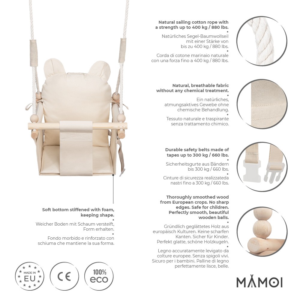 MAMOI Balançoire pour bébé en bois + CEINTURE DE SECURITE, Balançoire pour  enfants jardin intérieur extérieur, Beige + Crochet