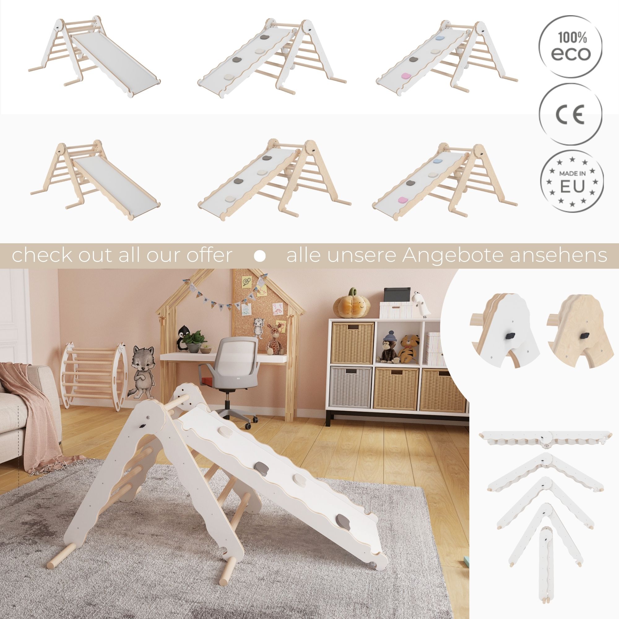 MAMOI® Toboggan interieur pour enfant, Tobogan pour triangle et mur  escalade pour bebe, Jeux en bois intérieur, Tobbogan montessori à partir de  1 an 2/3 ans 