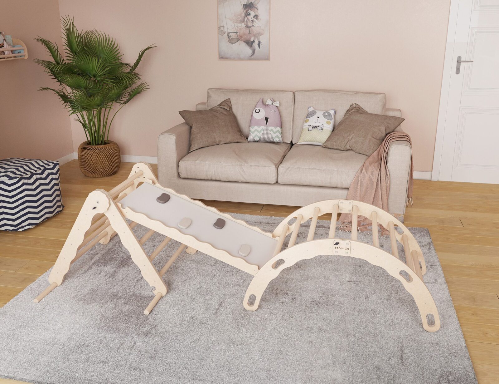 Set Arrampicata Montessori 3 In 1 - Triangolo Con Scivolo E Rampa Pieghevole, In Legno Per Bambini Da 1 Anno