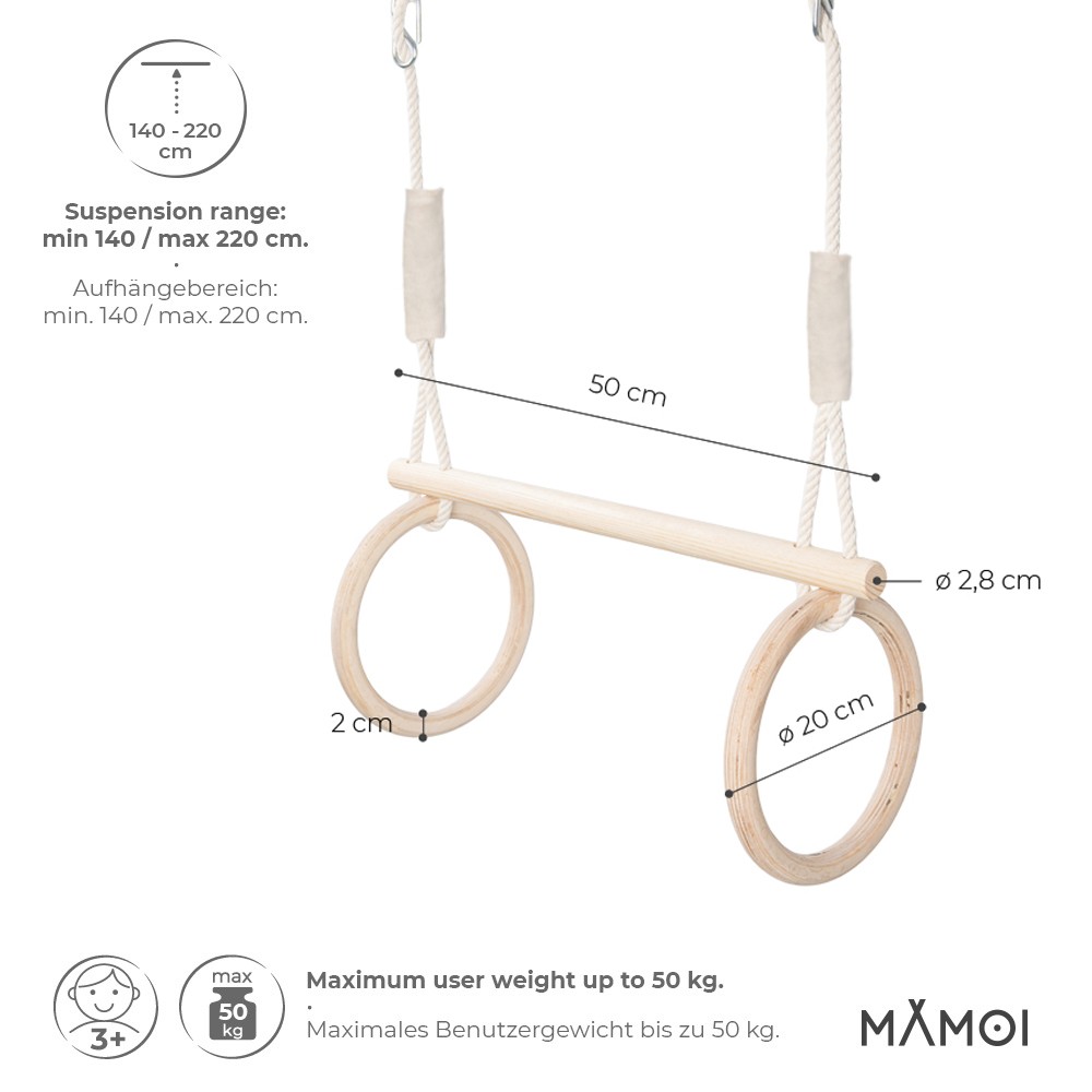 Anneaux de gymnastique en bois de bouleau de qualité supérieure de 2,8 cm  avec sangles réglables numérotées et boucle à came | Entraîneur de