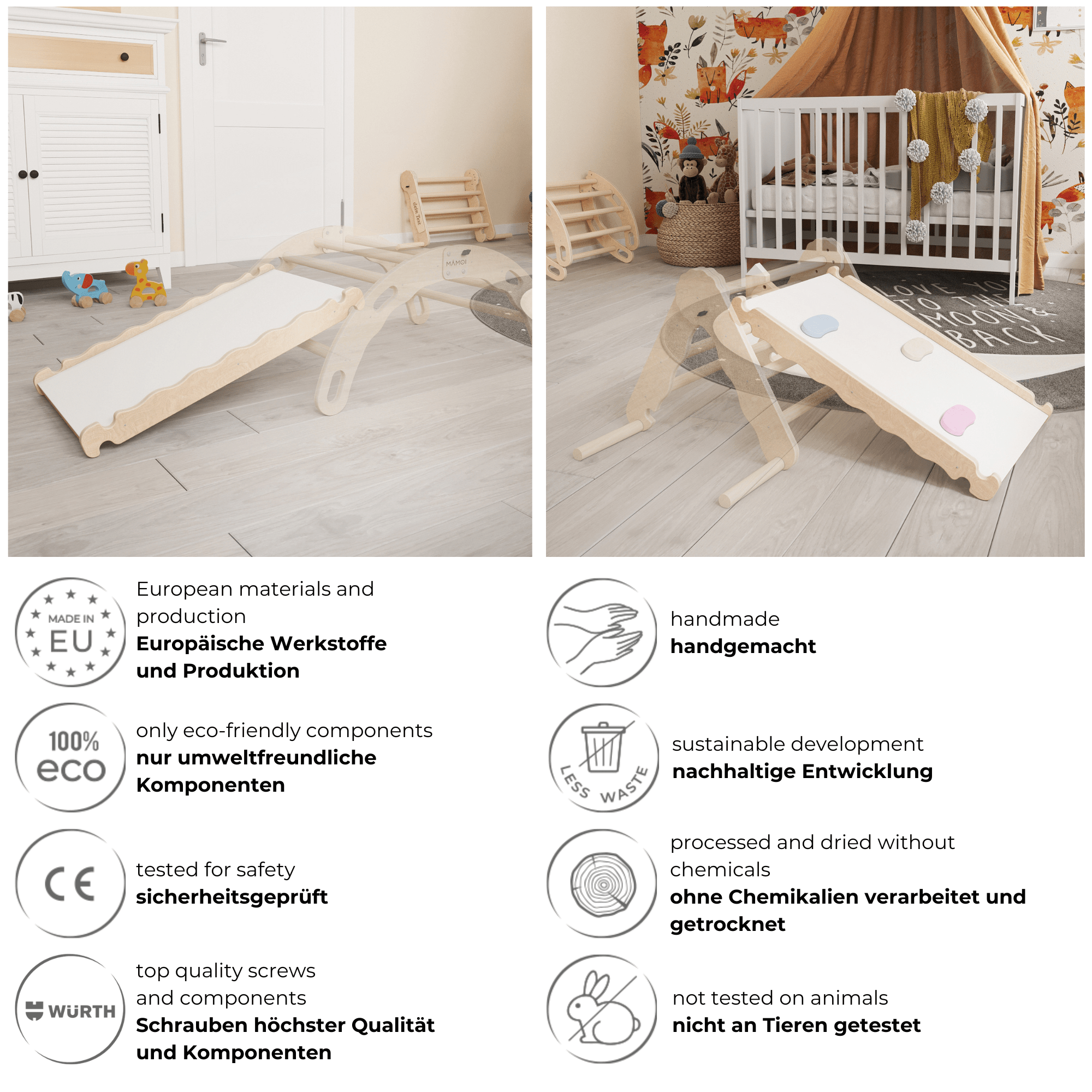 MAMOI® Set : Triangle, arche escalade et toboggan pour enfant, Structure  motricité interieur pour bébé, Mur descalade et tobogan intérieur en bois