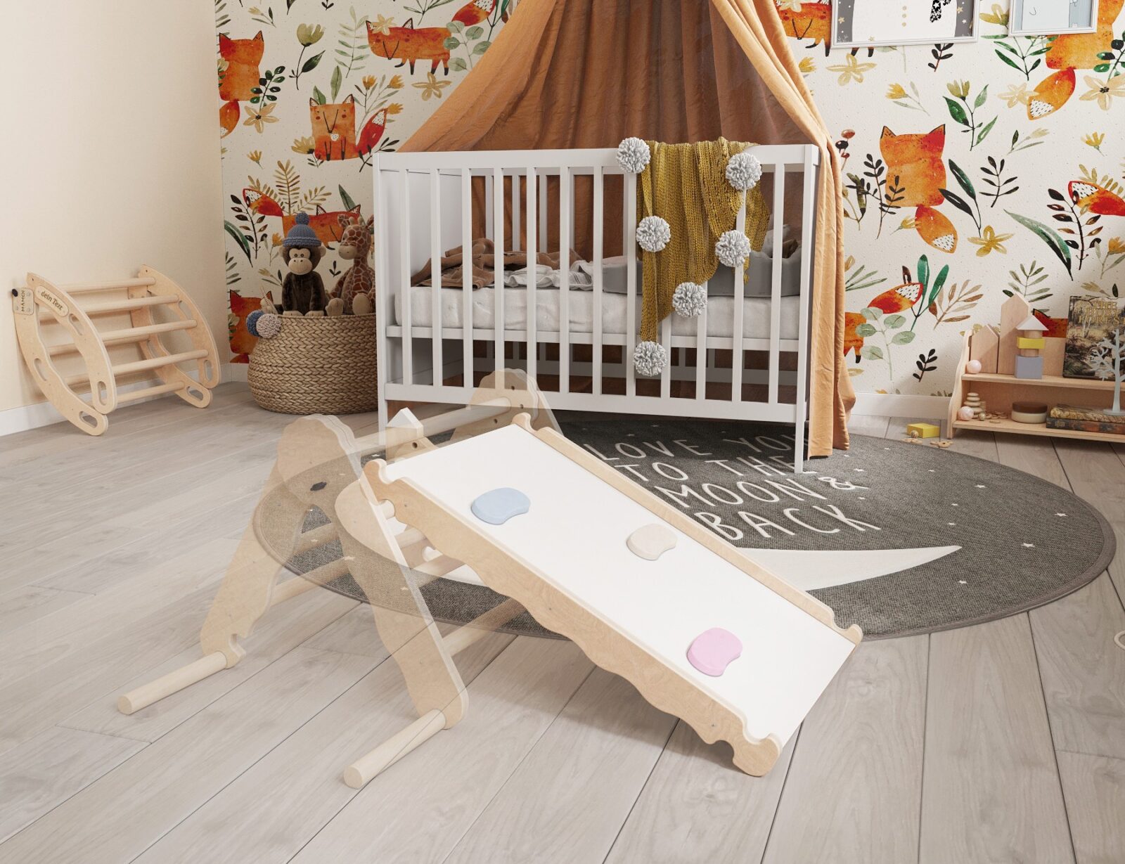 Toboggan + mur d'escalade pour lit Montessori Mamatoyz - Naturel