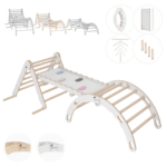 Kit: triangolo di arrampicata + culla dondola + scivolo per bambini | Telaio di arrampicata con scivolo per bambini design minimalista | Triangolo di arrampicata per i piccoli bambini con uno scivolo rifinito con un laminato | 100% ECO | Prodotto nell'UE