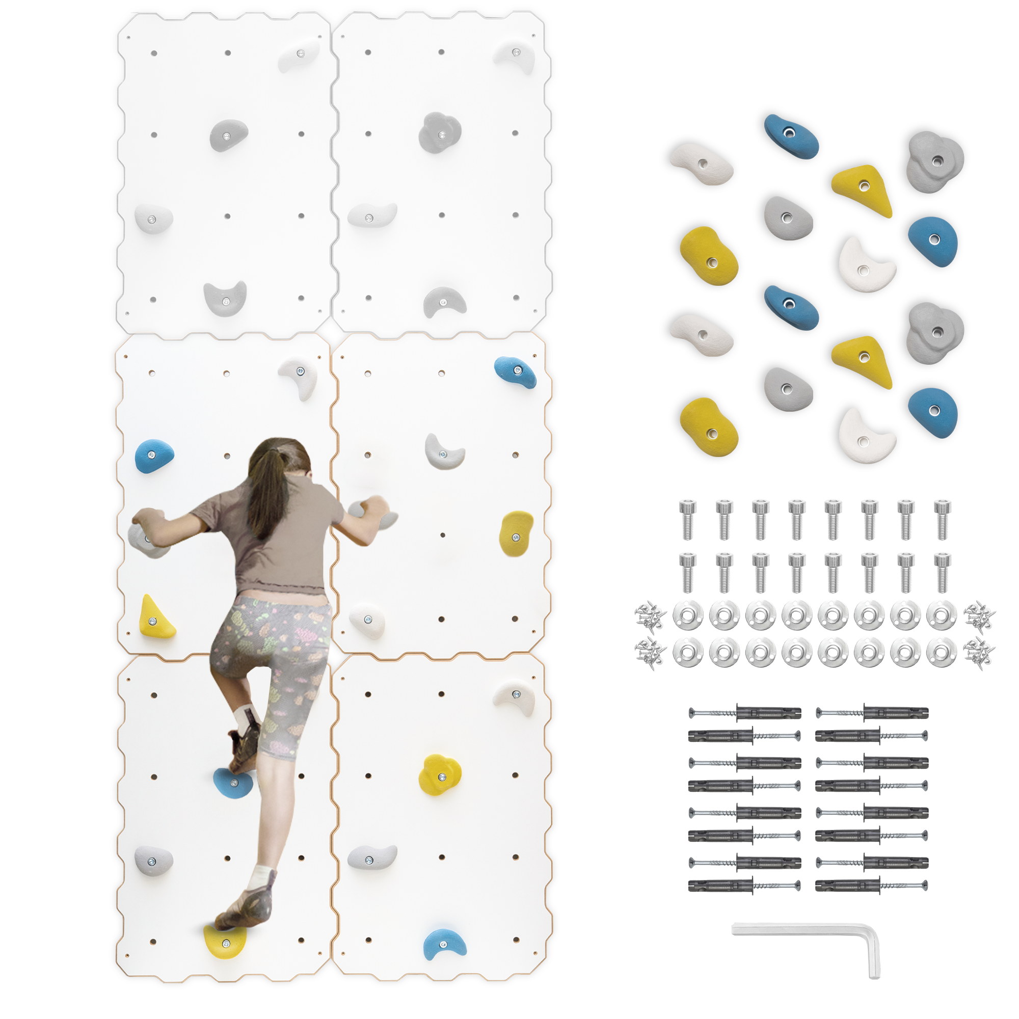 MAMOI® Indoor climbing wall with holds, 4 modules, modern climbing wall for room, white wood-based board, climbing set for assembly