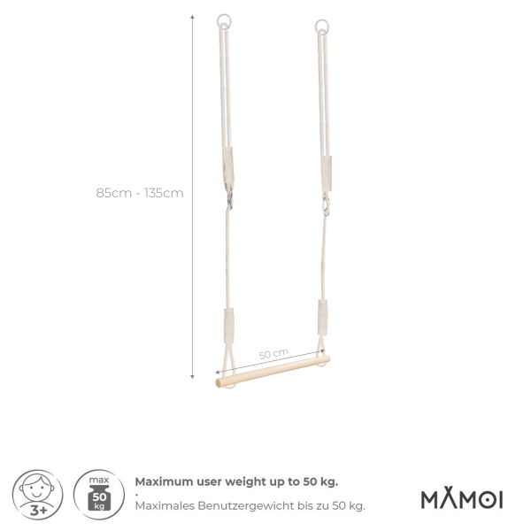 MAMOI® Trapez schaukel, Turnringe aus holz, Turngeräte für kinder indoor und outdoor, Turnen mit Holzschaukel, Gymnastikringe und Trapezstange