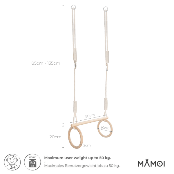 MAMOI® Pierścienie gimnastyczne trapez huśtawka 2 w 1 wielofunkcyjna z drewnianymi pierścieniami trapez do zawieszenia do 50 kg | 100% ECO | Wyprodukowano w UE