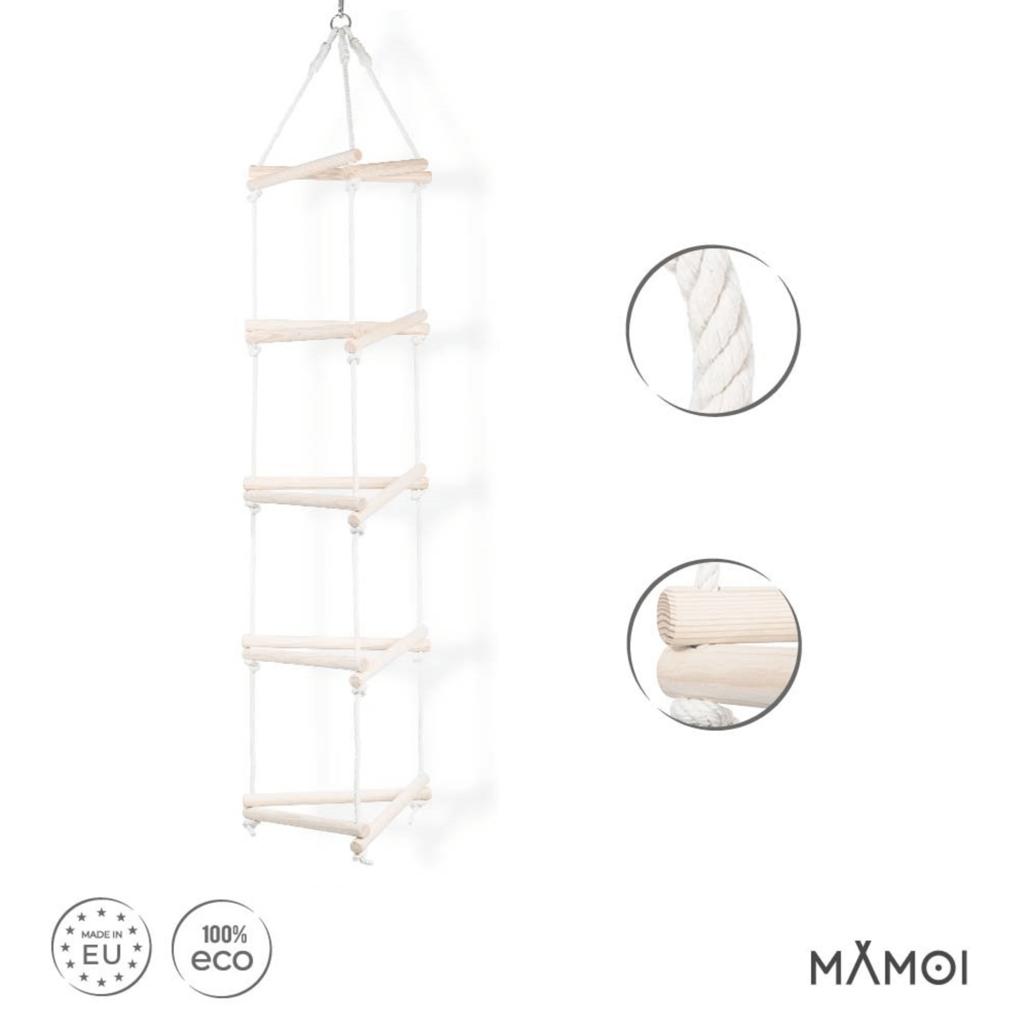 MAMOI Échelle De Corde En Bois Et Coton – Escalade Suspendue Pour Enfants – Intérieur/extérieur – Design Scandinave – 100% éco – Fabriqué Dans L’UE