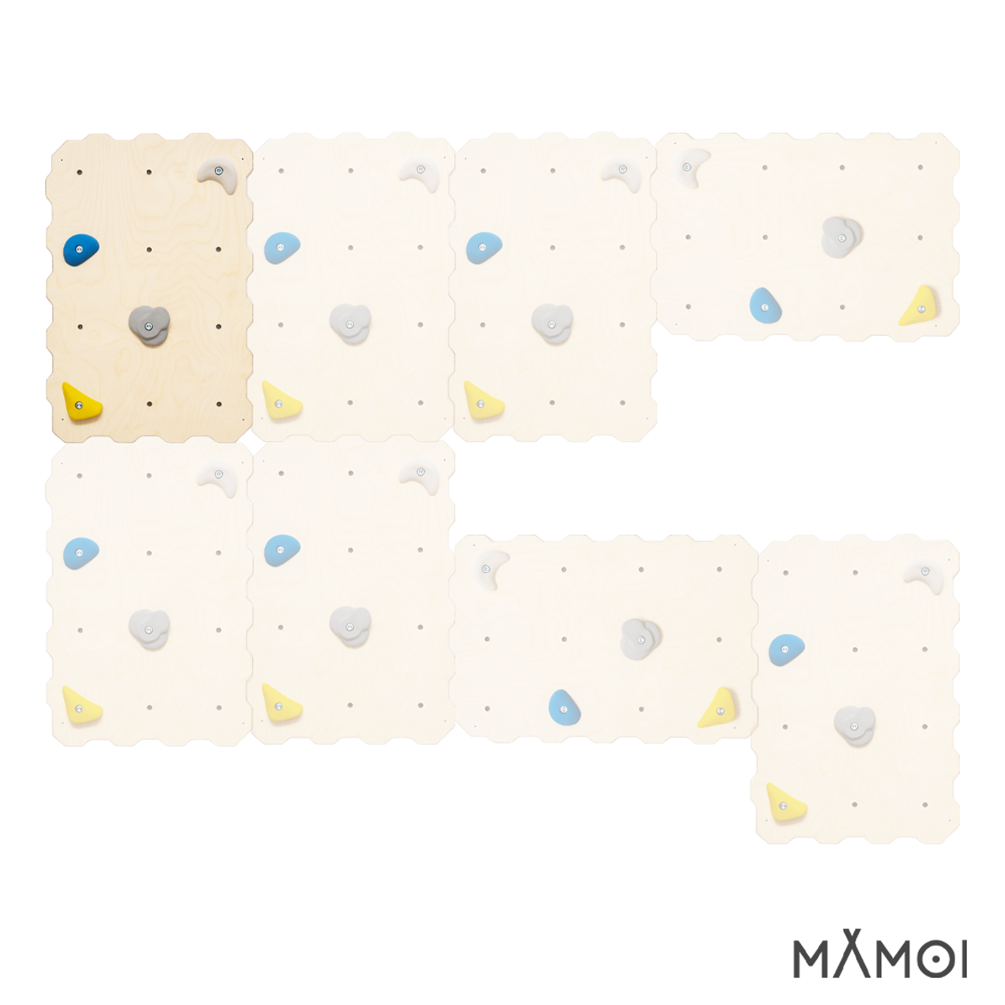 MAMOI® Parete da arrampicata in legno per uso interno con 4 prese da arrampicata | Modulo da arrampicata con pannello in legno multistrato | Set da arrampicata per la casa | Parete da arrampicata da montare autonomamente