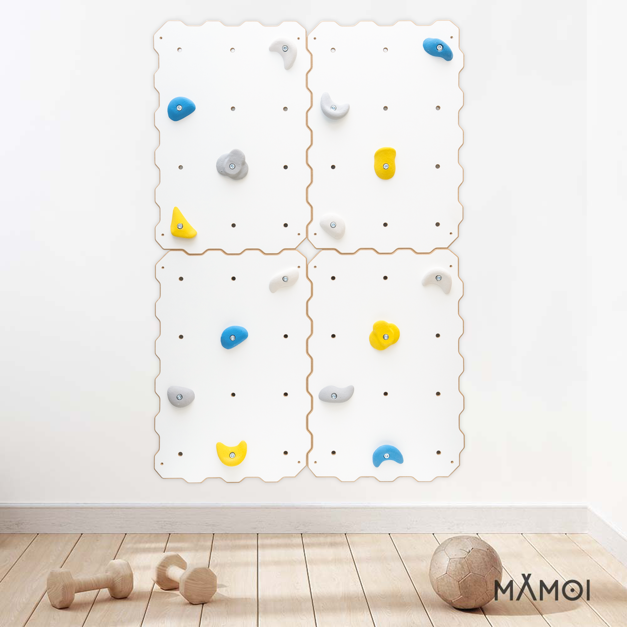 MAMOI® Wewnętrzna ścianka wspinaczkowa z uchwytami, 4 moduły, nowoczesna ścianka wspinaczkowa do pokoju, biała płyta drewnopochodna, zestaw do wspinania do montażu