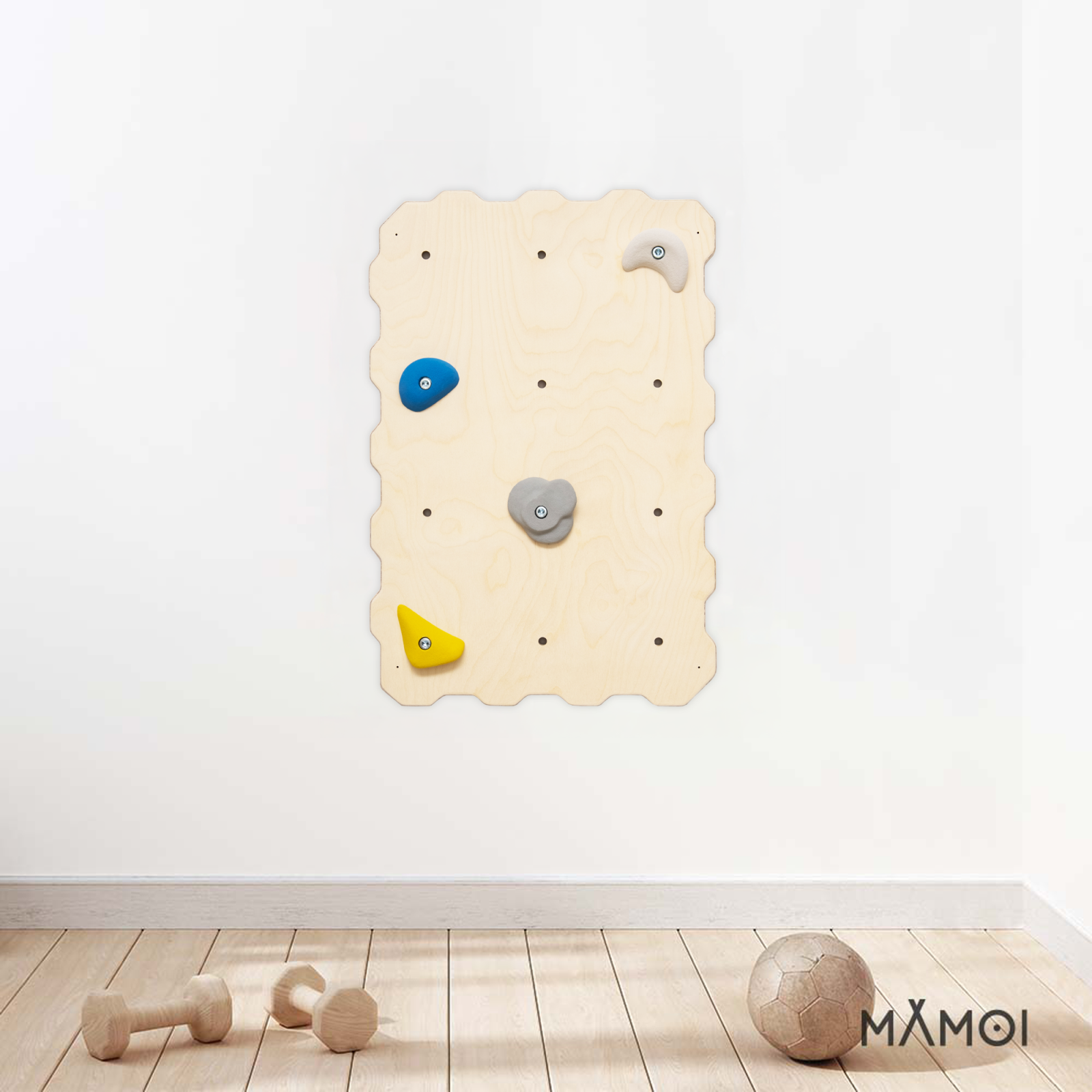 MAMOI® Parete da arrampicata in legno per uso interno con 4 prese da arrampicata | Modulo da arrampicata con pannello in legno multistrato | Set da arrampicata per la casa | Parete da arrampicata da montare autonomamente