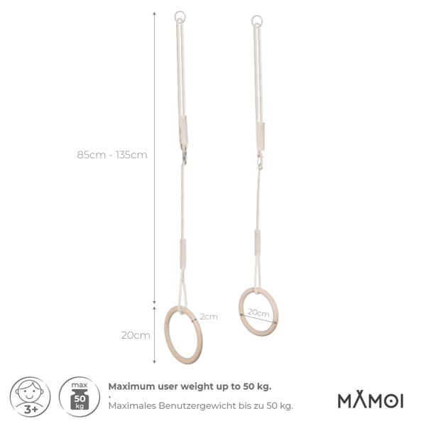 MAMOI® Anneaux gymnastique, Anneau balancoire en bois, Trapèze cirque, Balançoire trapeze pour bebe, Barre de gymnastique et accessoire de gym pour bébé
