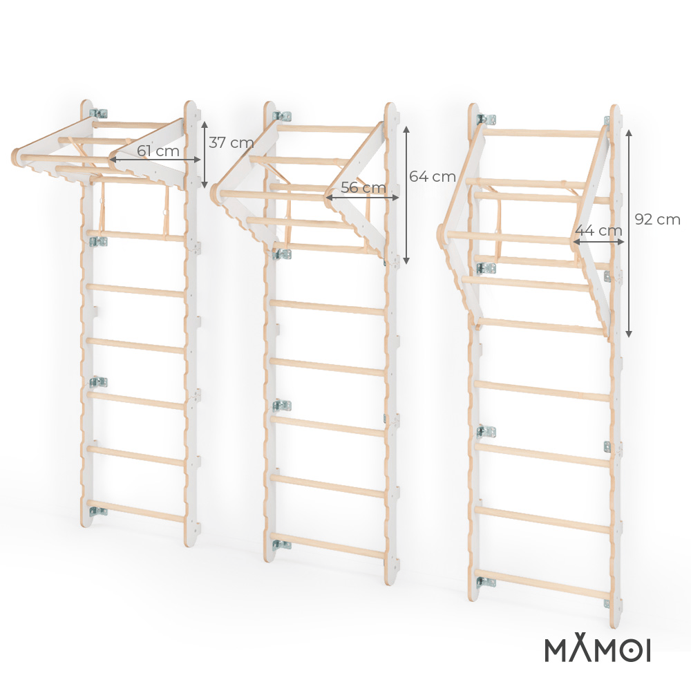 MAMOI® Drabinka naścienna do pokoju dziecka | Drabinka do wspinaczki (200 cm) z uchwytem do podciągania i drabinką linową Yarnwood | Obręcze gimnastyczne | 100% ECO | Made in EU