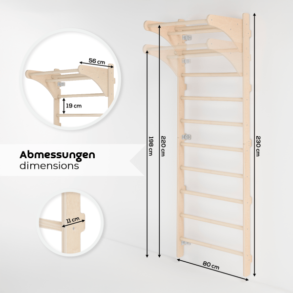 MAMOI® Sprossenwand mit verstellbaren Holzringen, Trainingsgerät für Erwachsene und Kinder, Heim-Fitness, Kraft- und Mobilitätstraining, Naturholz, Wandmontage, Made in EU, 100 % ECO