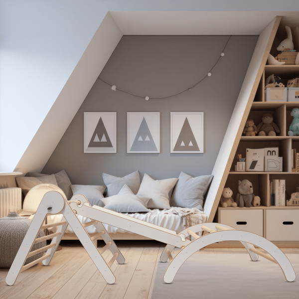 MAMOI® Zestaw Wspinaczkowy  4 w 1. Bujak + Zjeżdżalnia + Trójkąt + Poduszka, Zestaw Montessori z poduszkami, kryty plac zabaw dla dzieci 1-3 lat i zjeżdżalnia.