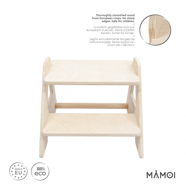 MAMOI® Dziecięcy dwustopniowy stołek stopniowy z naturalnego drewna | Nowoczesny design stołka dla dzieci | Bezpieczny i uniwersalny taboret dla dzieci z dwoma stopniami | 100% EKO | Wyprodukowane w UE