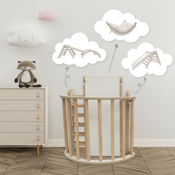 MAMOI® Zestaw Wspinaczkowy  4 w 1. Bujak + Zjeżdżalnia + Trójkąt + Poduszka, Zestaw Montessori z poduszkami, kryty plac zabaw dla dzieci 1-3 lat i zjeżdżalnia.