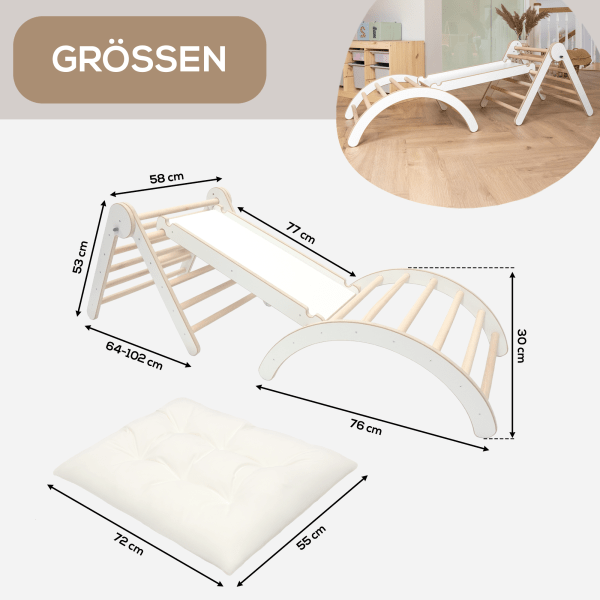 MAMOI® Zestaw Wspinaczkowy  4 w 1. Bujak + Zjeżdżalnia + Trójkąt + Poduszka, Zestaw Montessori z poduszkami, kryty plac zabaw dla dzieci 1-3 lat i zjeżdżalnia.