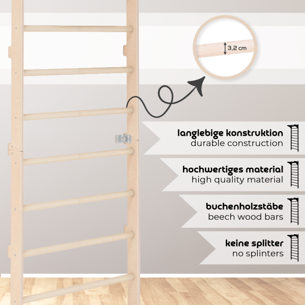 MAMOI® Sprossenwand mit verstellbaren Holzringen, Trainingsgerät für Erwachsene und Kinder, Heim-Fitness, Kraft- und Mobilitätstraining, Naturholz, Wandmontage, Made in EU, 100 % ECO