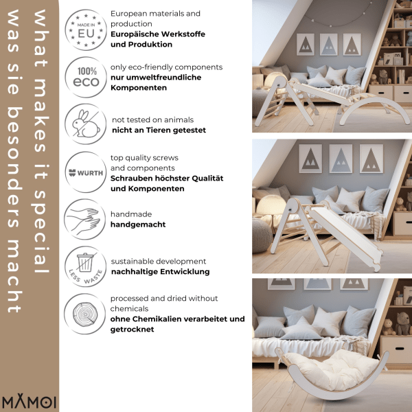 MAMOI® Zestaw Wspinaczkowy  4 w 1. Bujak + Zjeżdżalnia + Trójkąt + Poduszka, Zestaw Montessori z poduszkami, kryty plac zabaw dla dzieci 1-3 lat i zjeżdżalnia.
