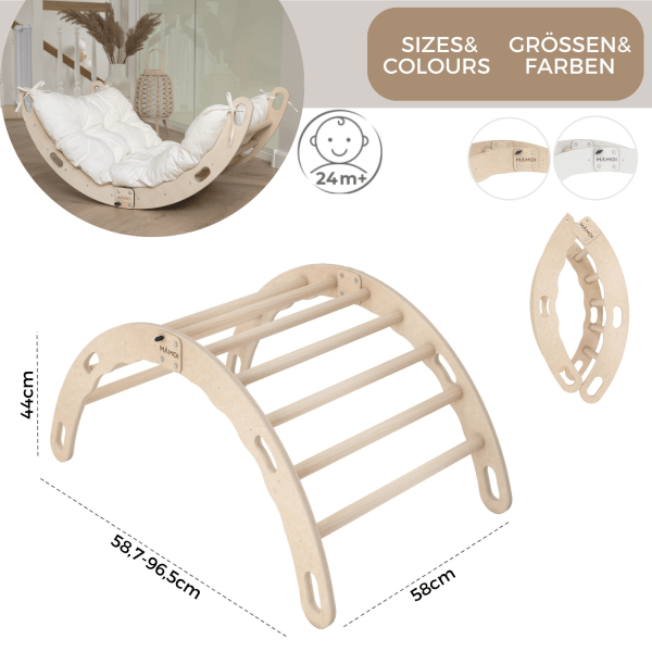 MAMOI® Kletterbogen mit Kissen, Kissen für Regenbogenwippe aus Holz, Kletterdreieck, Baby Klettern, Holzbogen für Kinder, Spielplatz, Klettergerüst Indoor ab 1/2/3 Jahre