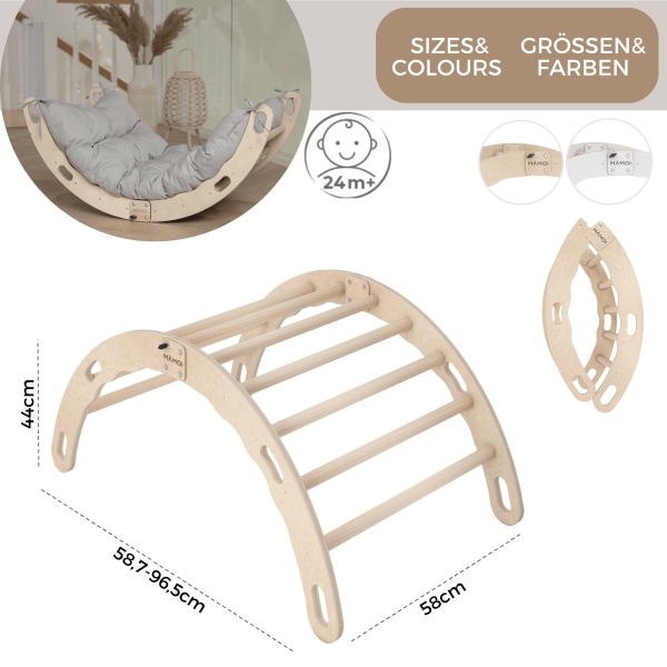 MAMOI® Kletterbogen mit Kissen, Kissen für Regenbogenwippe aus Holz, Kletterdreieck, Baby Klettern, Holzbogen für Kinder, Spielplatz, Klettergerüst Indoor ab 1/2/3 Jahre
