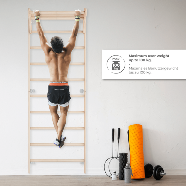 MAMOI® Sprossenwand mit verstellbaren Holzringen, Trainingsgerät für Erwachsene und Kinder, Heim-Fitness, Kraft- und Mobilitätstraining, Naturholz, Wandmontage, Made in EU, 100 % ECO
