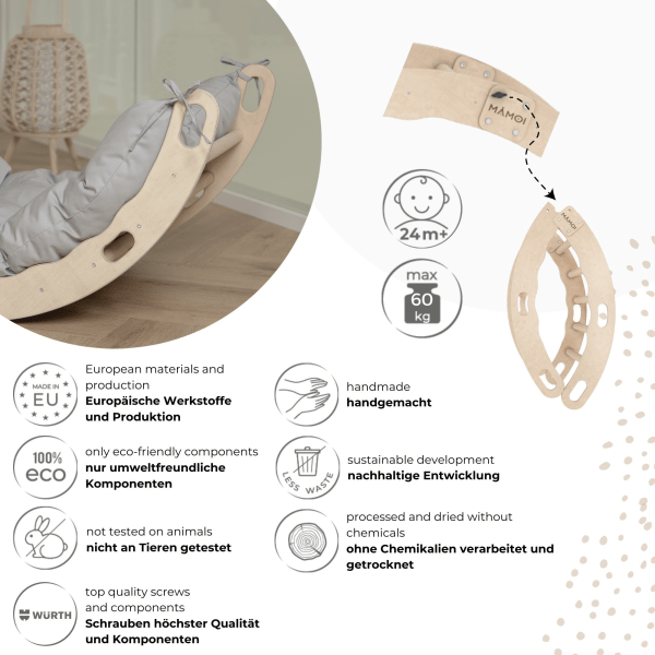 MAMOI® Kletterbogen mit Kissen, Kissen für Regenbogenwippe aus Holz, Kletterdreieck, Baby Klettern, Holzbogen für Kinder, Spielplatz, Klettergerüst Indoor ab 1/2/3 Jahre