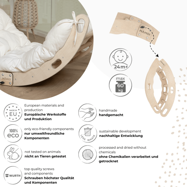 MAMOI® Kletterbogen mit Kissen, Kissen für Regenbogenwippe aus Holz, Kletterdreieck, Baby Klettern, Holzbogen für Kinder, Spielplatz, Klettergerüst Indoor ab 1/2/3 Jahre