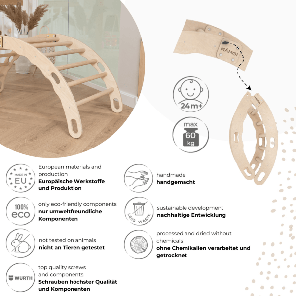 MAMOI® Arrampicata per bambini in legno naturale, Dondolo triangolo, Altalena da casa interno, Parete arco montessori a partire da 1 anno 2/3 anni