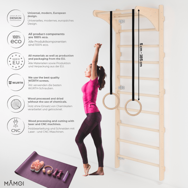 MAMOI® Sprossenwand mit verstellbaren Holzringen, Trainingsgerät für Erwachsene und Kinder, Heim-Fitness, Kraft- und Mobilitätstraining, Naturholz, Wandmontage, Made in EU, 100 % ECO