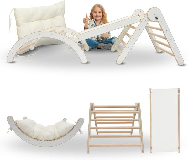 MAMOI® Zestaw Wspinaczkowy  4 w 1. Bujak + Zjeżdżalnia + Trójkąt + Poduszka, Zestaw Montessori z poduszkami, kryty plac zabaw dla dzieci 1-3 lat i zjeżdżalnia.