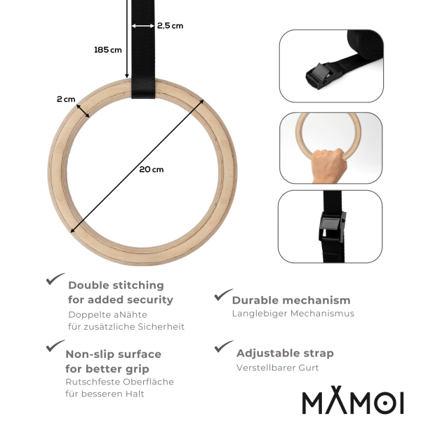MAMOI® Sprossenwand mit verstellbaren Holzringen, Trainingsgerät für Erwachsene und Kinder, Heim-Fitness, Kraft- und Mobilitätstraining, Naturholz, Wandmontage, Made in EU, 100 % ECO