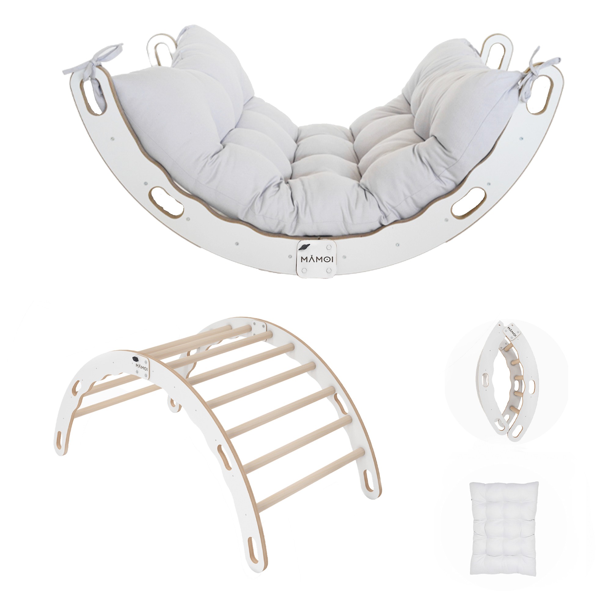MAMOI® Kletterbogen mit Kissen, Kissen für Regenbogenwippe aus Holz, Kletterdreieck, Baby Klettern, Holzbogen für Kinder, Spielplatz, Klettergerüst Indoor ab 1/2/3 Jahre
