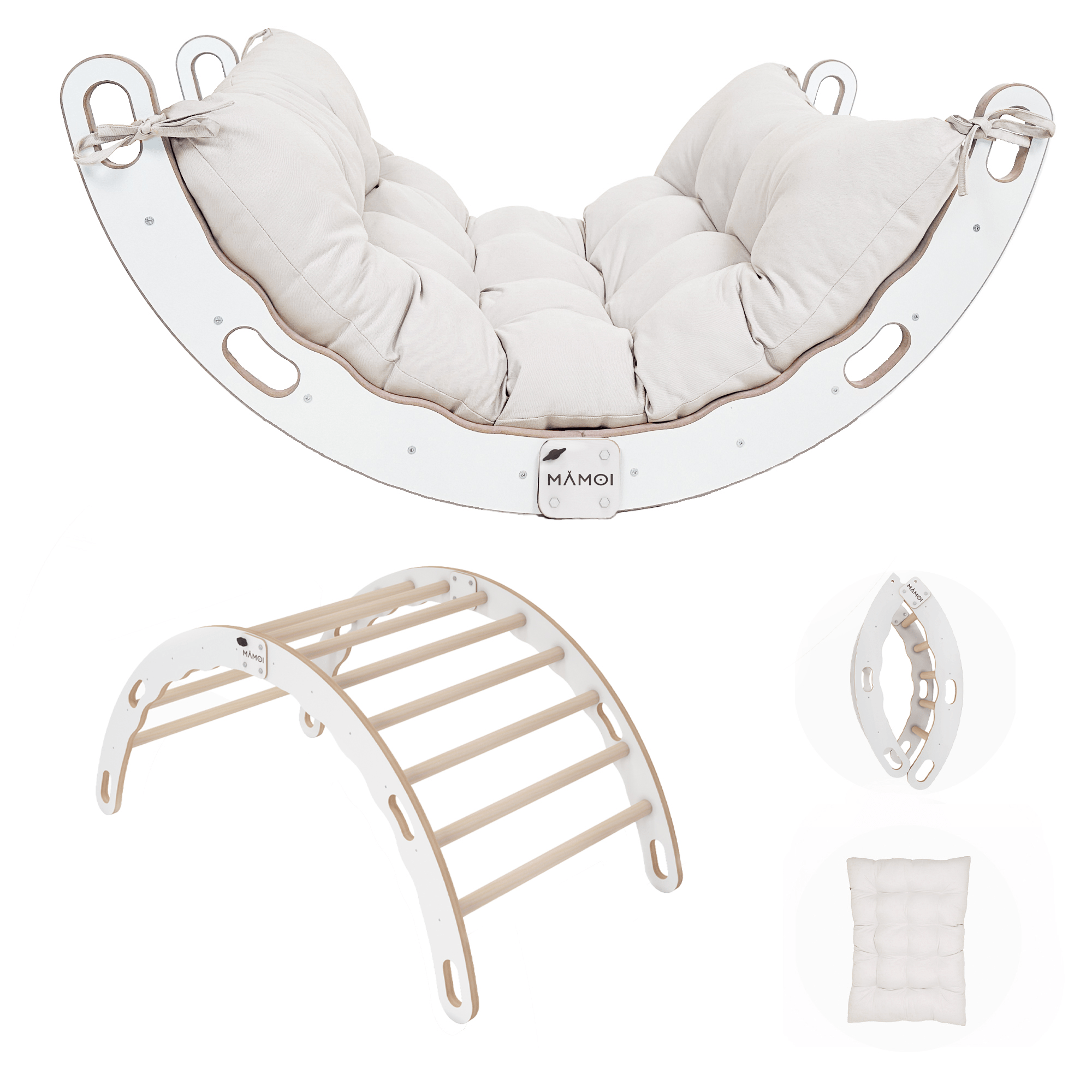 MAMOI® Kletterbogen mit Kissen, Kissen für Regenbogenwippe aus Holz, Kletterdreieck, Baby Klettern, Holzbogen für Kinder, Spielplatz, Klettergerüst Indoor ab 1/2/3 Jahre