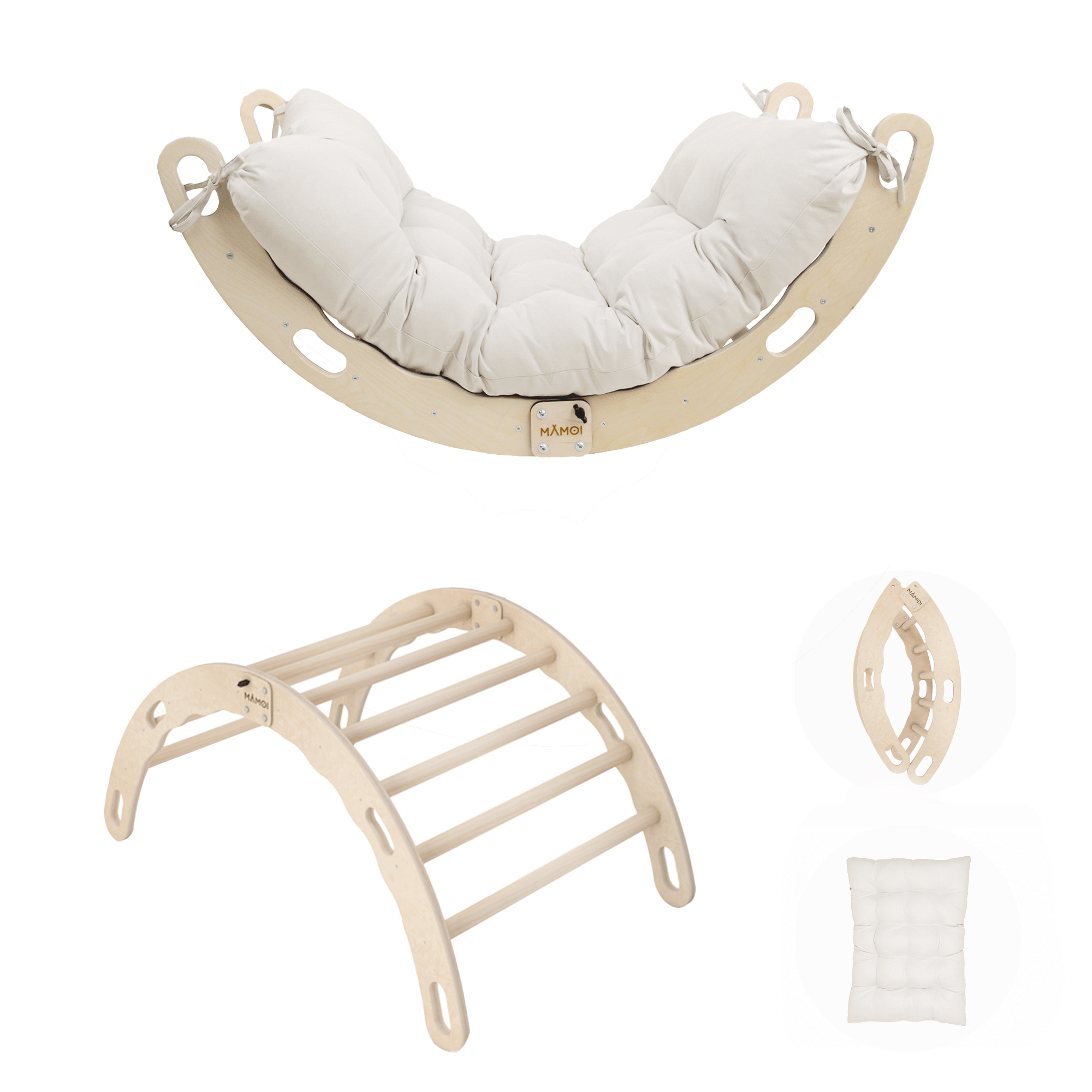 MAMOI® Kletterbogen mit Kissen, Kissen für Regenbogenwippe aus Holz, Kletterdreieck, Baby Klettern, Holzbogen für Kinder, Spielplatz, Klettergerüst Indoor ab 1/2/3 Jahre