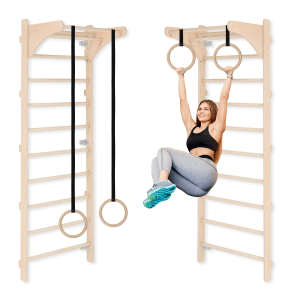 MAMOI® Scala ginnica da parete con anelli ginnici, regolazione della lunghezza, per esercizi a casa, per adulti e bambini, allenamento di forza e stretching, 100% legno, Made in EU