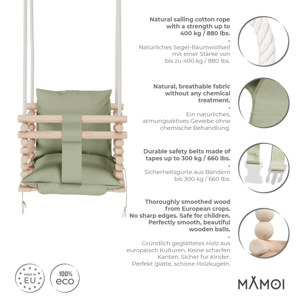 MAMOI® Balancoire bebe pour interieur, Siege balançoire pour bébé, Balancelle de coton en bois naturel, Baby swing pour enfant  à partir de 1 an, 3 en 1