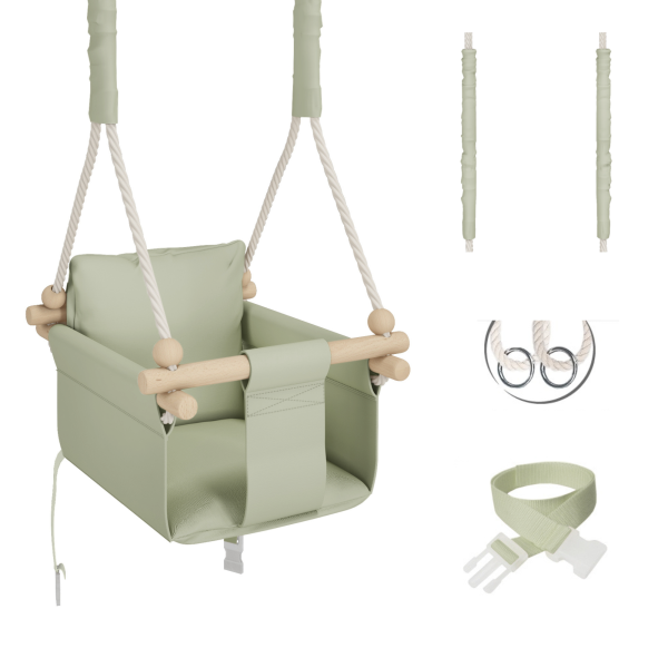 MAMOI® Indoor Children's Swing with Safety Belts, Soft Seat with Cushion, Wooden Handles, Ceiling Mount, 100% ECO, Made in EU