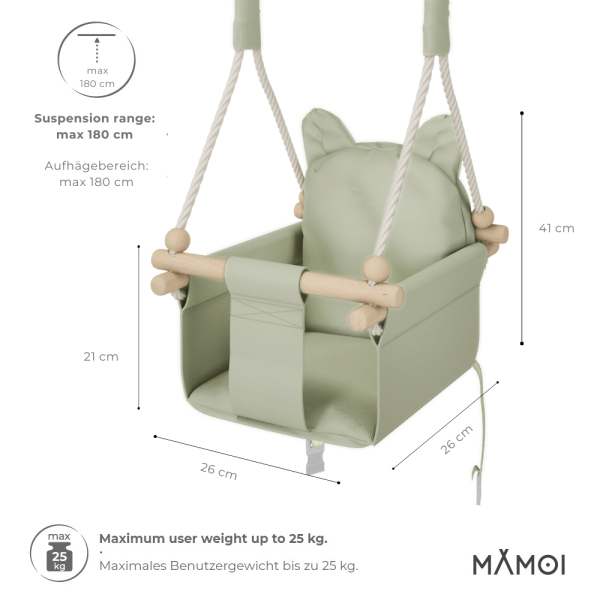MAMOI Baby swing wood + SAFETY BELT, Swing for children garden indoor outdoor
