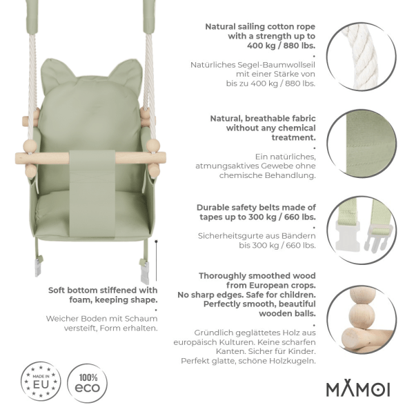 MAMOI Baby swing wood + SAFETY BELT, Swing for children garden indoor outdoor