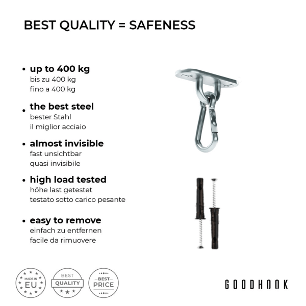 MAMOI® Gancio da soffitto per altalena e amaca, Ancoraggio da parete girevole, Set da 400kg per Cemento e Legno, Ganci sacco da boxe