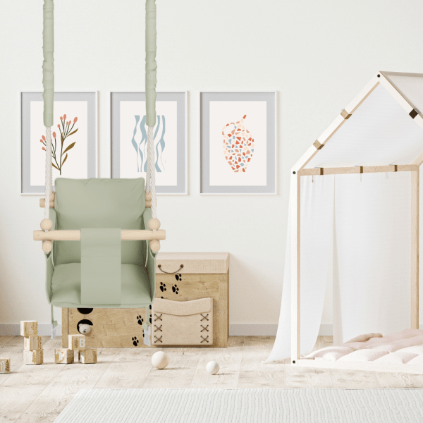 MAMOI® Indoor Children's Swing with Safety Belts, Soft Seat with Cushion, Wooden Handles, Ceiling Mount, 100% ECO, Made in EU