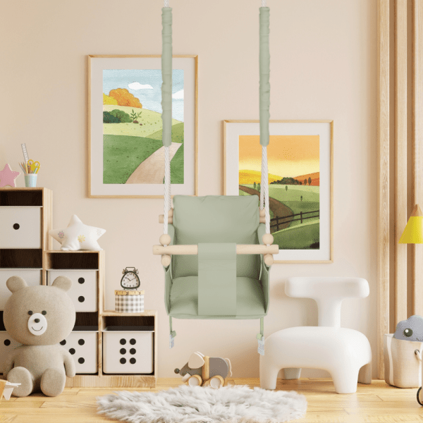 MAMOI® Indoor Children's Swing with Safety Belts, Soft Seat with Cushion, Wooden Handles, Ceiling Mount, 100% ECO, Made in EU
