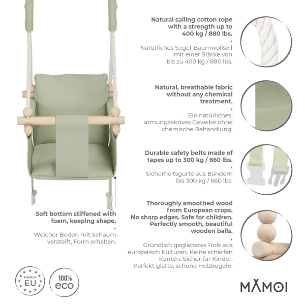 MAMOI® Indoor Children's Swing with Safety Belts, Soft Seat with Cushion, Wooden Handles, Ceiling Mount, 100% ECO, Made in EU