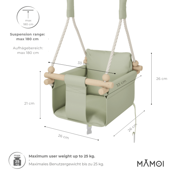 MAMOI® Indoor Children's Swing with Safety Belts, Soft Seat with Cushion, Wooden Handles, Ceiling Mount, 100% ECO, Made in EU