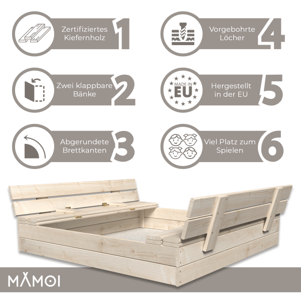 MAMOI Sabbiera con coperchio 120x120 | sabbiera Naturale con panche | Sabbiera in legno con copertura e panche 150x150
