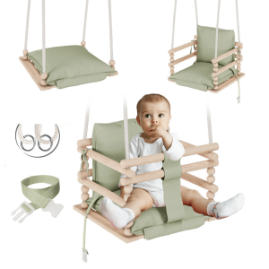MAMOI® Balancoire bebe pour interieur, Siege balançoire pour bébé, Balancelle de coton en bois naturel, Baby swing pour enfant  à partir de 1 an, 3 en 1