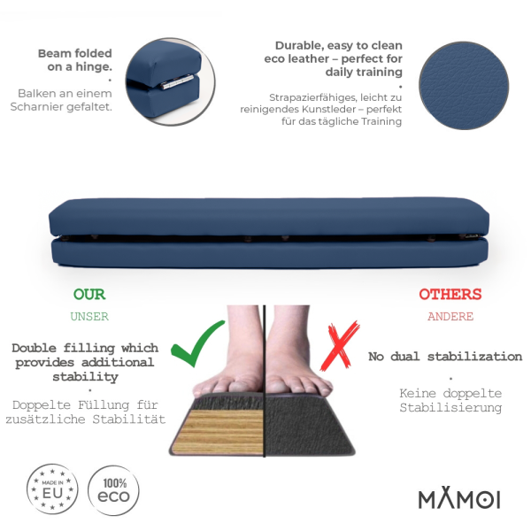 MAMOI® Poutre de gymnastique pliable en similicuir 200 cm, poutre antidérapante pour enfants et adultes, surface douce, pour usage à domicile, design pliable, capacité 180 kg
